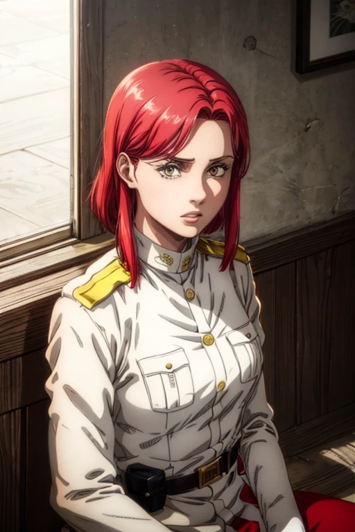 35 year old woman, channel red hair, gold eyes, neutral expression, White military uniform, liberia, Marley