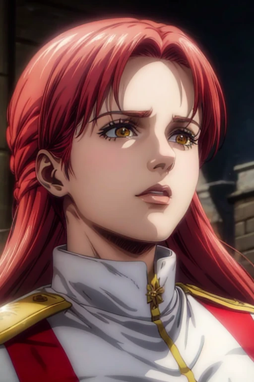 35 year old woman, channel red hair, gold eyes, neutral expression, White military uniform, liberia, Marley