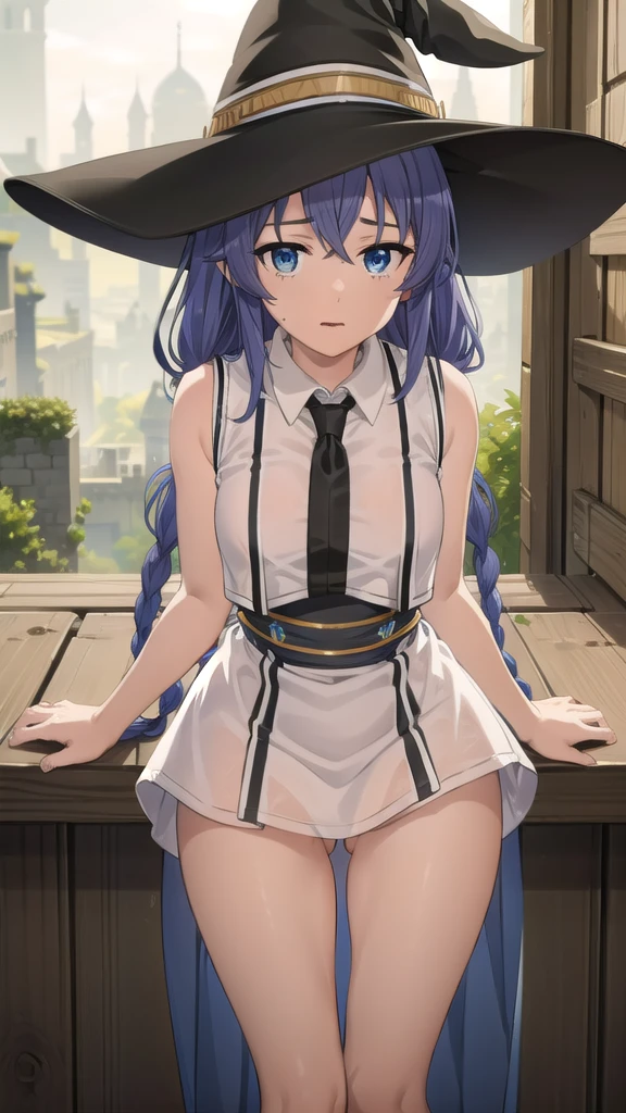 BREAK (masterpiece:1.2), best quality, high resolution, unity 8k wallpaper, (illustration:0.8), (beautiful detailed eyes:1.6), extremely detailed face, perfect lighting, extremely detailed CG, (perfect hands, perfect anatomy),castle,towers,night,stars,moon,starfalls,twin braids, long hair, blue hair, blue eyes
white dress, wet dress,nipples,nipples see through,witch hat, black hatwhite panties, wet panties, camel toe, shy face,cleavege,neckline,sleeveless, from above,bend over,