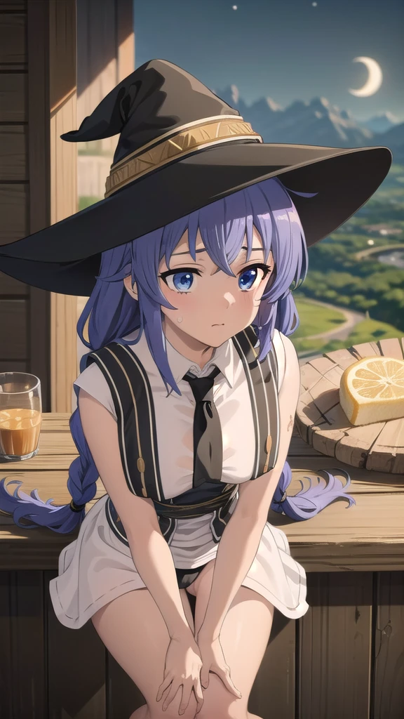 BREAK (masterpiece:1.2), best quality, high resolution, unity 8k wallpaper, (illustration:0.8), (beautiful detailed eyes:1.6), extremely detailed face, perfect lighting, extremely detailed CG, (perfect hands, perfect anatomy),castle,towers,night,stars,moon,starfalls,twin braids, long hair, blue hair, blue eyes
white dress, wet dress,nipples,nipples see through,witch hat, black hatwhite panties, wet panties, camel toe, shy face,cleavege,neckline,sleeveless, from above,bend over,