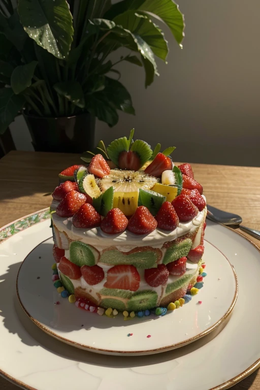 (best quality,4k,8k,highres,masterpiece),ultra-detailed,(realistic,photorealistic,photo-realistic:full),kiwi strawberry berry banana, put on the plate, happy birthday cake,