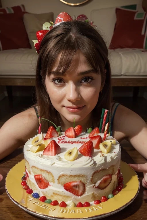 (best quality,4k,8k,highres,masterpiece),ultra-detailed,(realistic,photorealistic,photo-realistic:full),kiwi strawberry berry banana, put on the plate, happy birthday cake, 