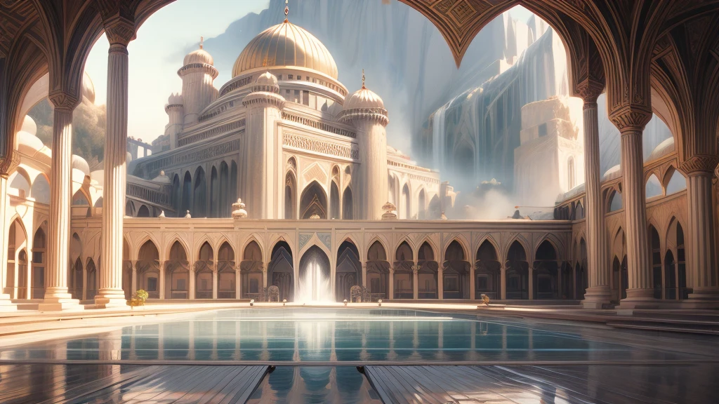 higher, imagination, (Practical), best quality, masterpiece, Realistic details, Depth of Field, 8K, Full HD, 3d, Super Resolution, arafed view of a waterfall in a mosque with bookshelves, vast mosque, fancy mosque, book cave, mosque background, an eternal mosque, ancient mosque, grand mosque, Magical environment, Epic Rivendell Fantasy, Endless waterfall, background = mosque, Gothic Epic Library, castle mosque