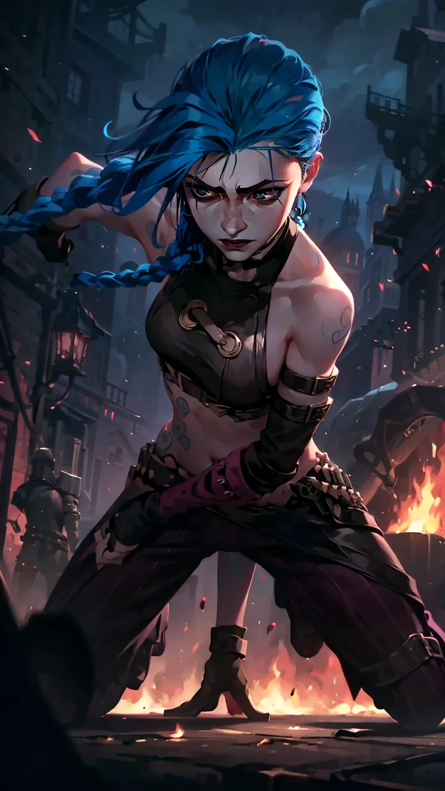 (masterpiece, Best quality), 1 girl, portrait, very sexy, crazy look, smile, crying, pink tears, tears on the cheeks, tears from eyes, full length (full body 1.1.), очень feminine, fighting stance, battle, fire, explosions, burning city, Beautiful waist, gloomy composition, flame, fire, Flash, very beautiful, feminine, long hair, hair braided in long braids, very sexy, tight leather pants, emphasis on the eyes, emphasis on the face, Beautiful face, Hands, Hair, Haired ponytail, red purple eyes, Джинкс crying, Blue cloud tattoo, (masterpiece, Best quality), Side lighting, beautiful detailed eyes, crazy face), (Best quality), (masterpiece), magic photography, Spectacular lighting, Photorealism, ultra detailed, интимная portraitная композиция, 1. 4,8 k UHD, aesthetic, Cd., A high resolution, 8 k, better lighting, Best shade, Ultra-HD, A high resolution, sharp focus, Complex background, Cinematic lighting, ((Landscape view)), 4K block, (better lighting), ((Cinematic lighting)),