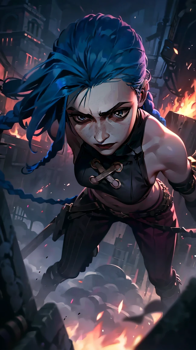(masterpiece, Best quality), 1 girl, portrait, very sexy, crazy look, smile, crying, pink tears, tears on the cheeks, tears from eyes, full length (full body 1.1.), очень feminine, fighting stance, battle, fire, explosions, burning city, Beautiful waist, gloomy composition, flame, fire, Flash, very beautiful, feminine, long hair, hair braided in long braids, very sexy, tight leather pants, emphasis on the eyes, emphasis on the face, Beautiful face, Hands, Hair, Haired ponytail, red purple eyes, Джинкс crying, Blue cloud tattoo, (masterpiece, Best quality), Side lighting, beautiful detailed eyes, crazy face), (Best quality), (masterpiece), magic photography, Spectacular lighting, Photorealism, ultra detailed, интимная portraitная композиция, 1. 4,8 k UHD, aesthetic, Cd., A high resolution, 8 k, better lighting, Best shade, Ultra-HD, A high resolution, sharp focus, Complex background, Cinematic lighting, ((Landscape view)), 4K block, (better lighting), ((Cinematic lighting)),