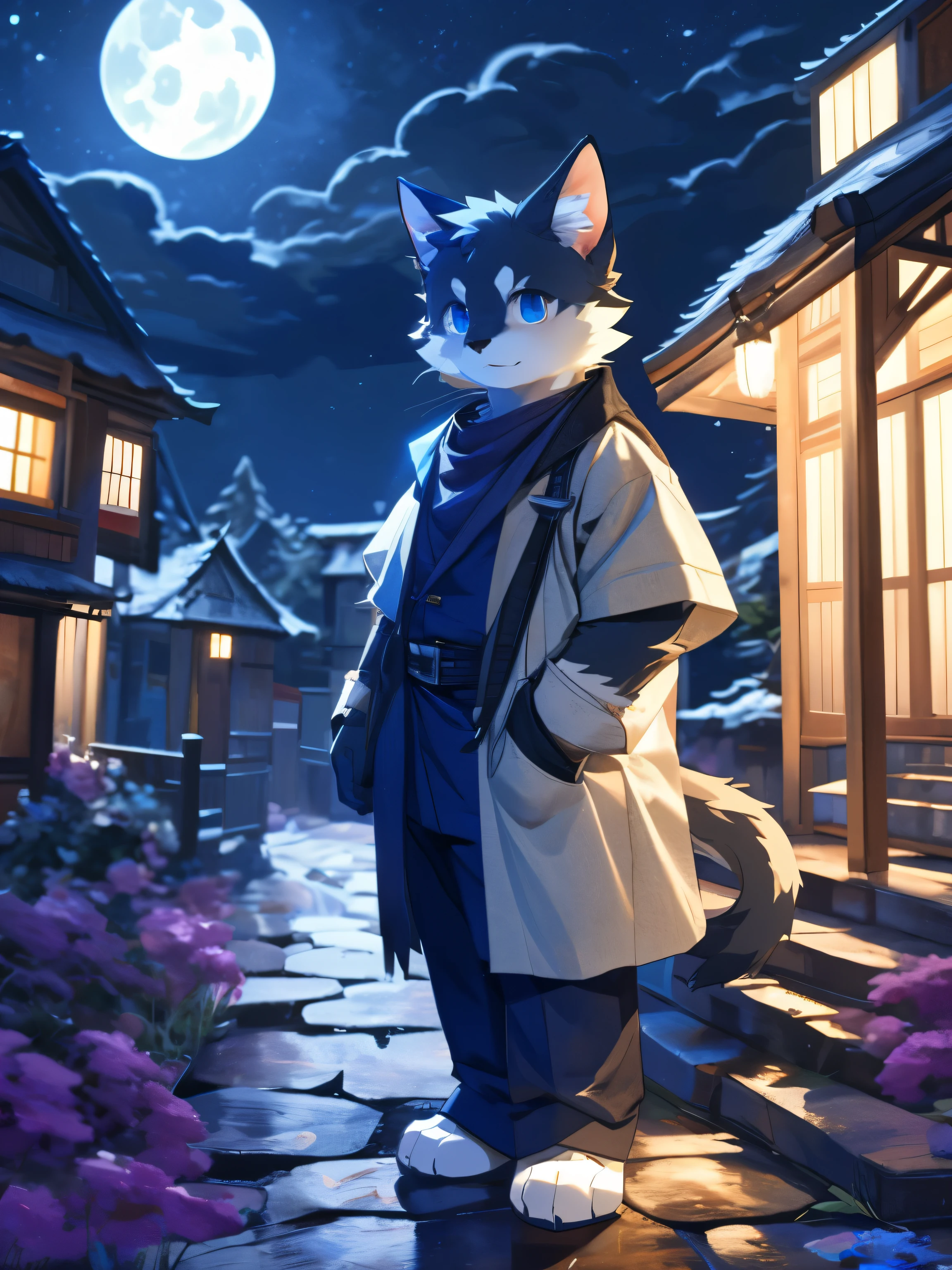 nj5furry,kemono,full-length portrait,anthro,hi res,juvenile,male,Sherlock Holmes,Black Cat,Fluffy hair,White plush paw,blue eyes,Delicate eyes,Detailed eyes,Extremely high detail,8K HD characters,night,Tea House