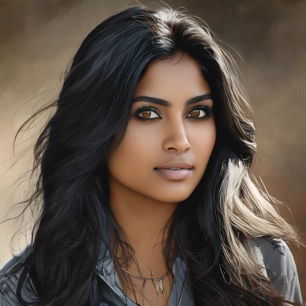 A photorealistic portrait of a 28-year-old Brazilian-Indian woman with a mix of both her ethnic features. She has an oval face, straight black hair, striking grey eyes, and wheatish skin with light brown tone highlights. The woman is extremely beautiful, wearing a black top that complements her modern style. The image should be high detailed, capturing her beauty with 8k HDR quality, showcasing her makeup, and natural, approachable expression.