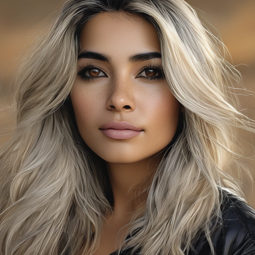 A photorealistic portrait of a 28-year-old Brazilian-Indian woman with a mix of both her ethnic features. She has an oval face, straight black hair, striking grey eyes, and wheatish skin with light brown tone highlights. The woman is extremely beautiful, wearing a black top that complements her modern style. The image should be high detailed, capturing her beauty with 8k HDR quality, showcasing her makeup, and natural, approachable expression.