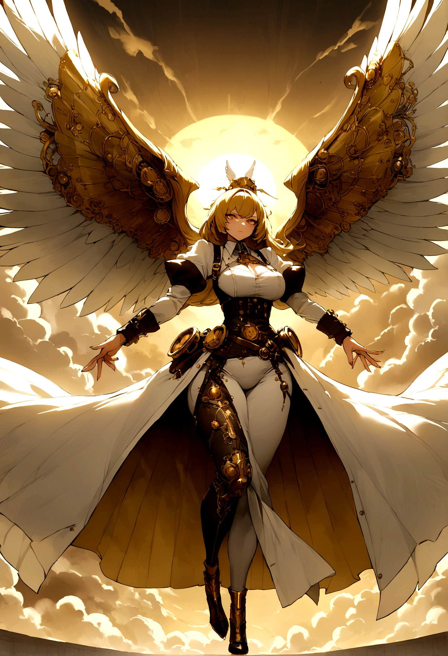 steam punk angel, gold ornaments, full body, gigantic wings, powerfull, intimidating