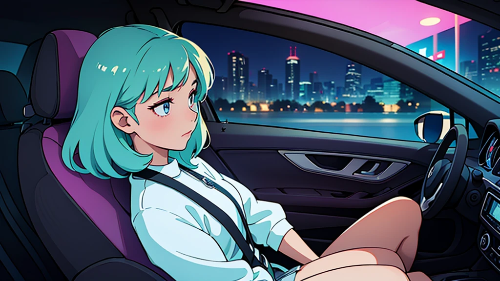Create an image from the angle inside a car, showing a woman with a thoughtful expression on her face as she gazes out of the side window at the cityscape. The city outside should be visible, illuminated by streetlights and neon signs. Use soft, pastel colors and subtle gradients to capture a dreamy, reflective atmosphere. Ensure the interior of the car feels cozy and comfortable, adding to the overall serene vibe.
