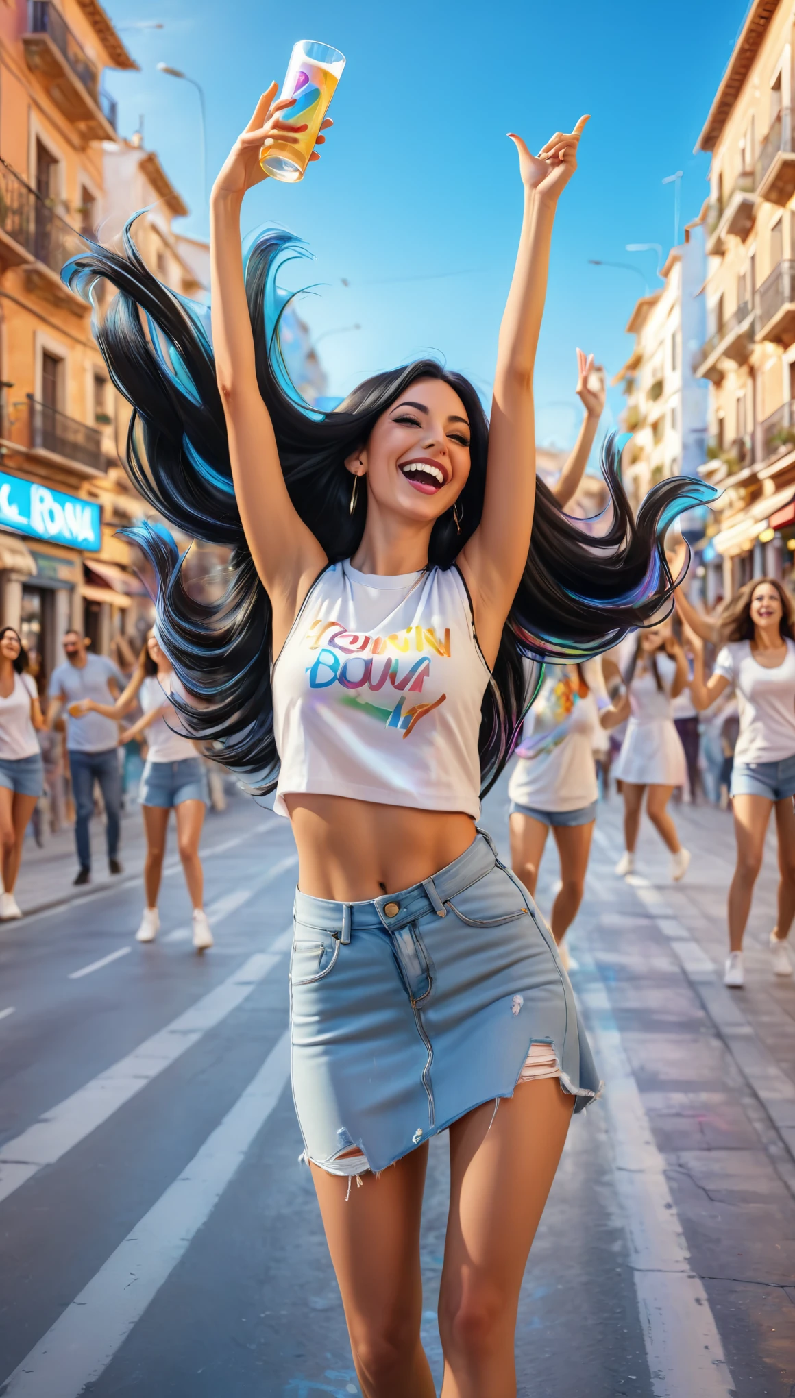 Adult women with STRAIGHT and LONG BLACK HAIR, spain, dressed in urban clothes, In an urban landscape and holographic signs、DANCING HAPPY. HANDS RAISED on the road. are drinking and laughing, The background is modern, high tech vibe. Lovely Digital Painting, 3D rendering, Bright lighting, swirly vibrant colors. adult people, pessoas bonitas, long and straight hair