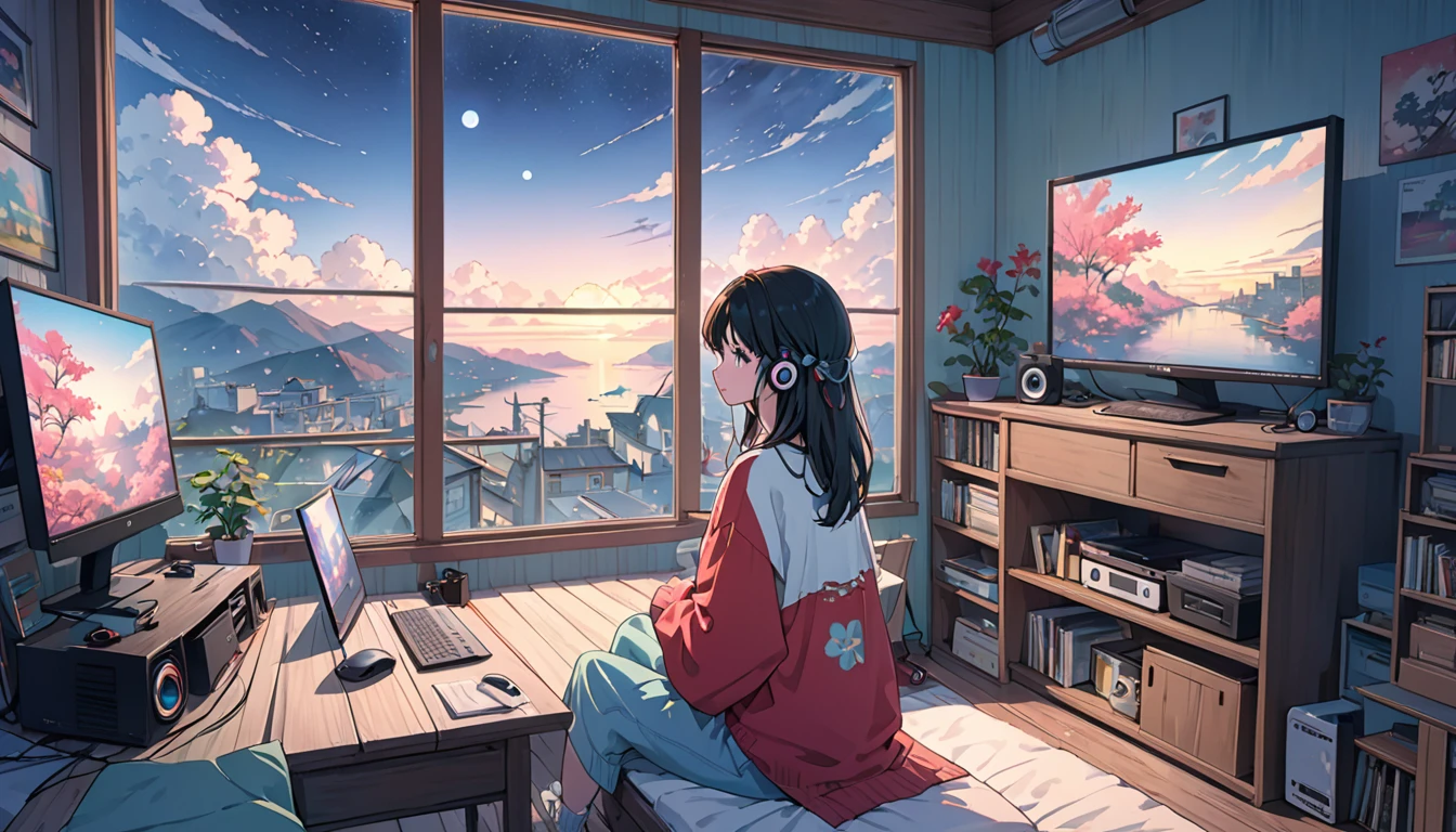 (From the back)、Anime girl sitting in front of a computer in a cozy bedroom、Girl listening to music in a cozy room(night)、On the roof、(窓からの美しいnight景)、lots of things、2D Anime Style、The aesthetics of anime in the 90s、Lo-Fi、Very detailed、hard disk、A mix of anime style and Fujifilm、 Surreal、8K、masterpiece