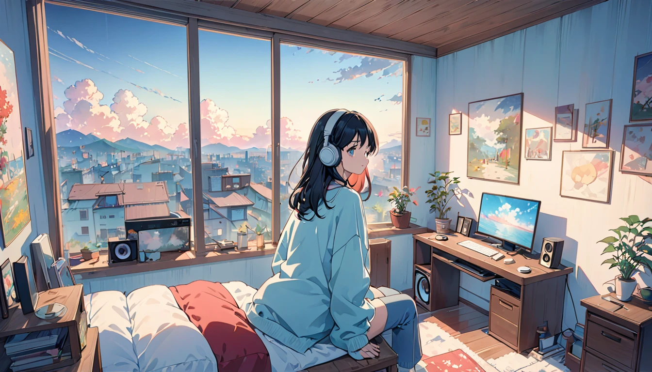 (From the back)、Anime girl sitting in front of a computer in a cozy bedroom、Girl listening to music in a cozy room(night)、On the roof、(窓からの美しいnight景)、lots of things、2D Anime Style、The aesthetics of anime in the 90s、Lo-Fi、Very detailed、hard disk、A mix of anime style and Fujifilm、 Surreal、8K、masterpiece