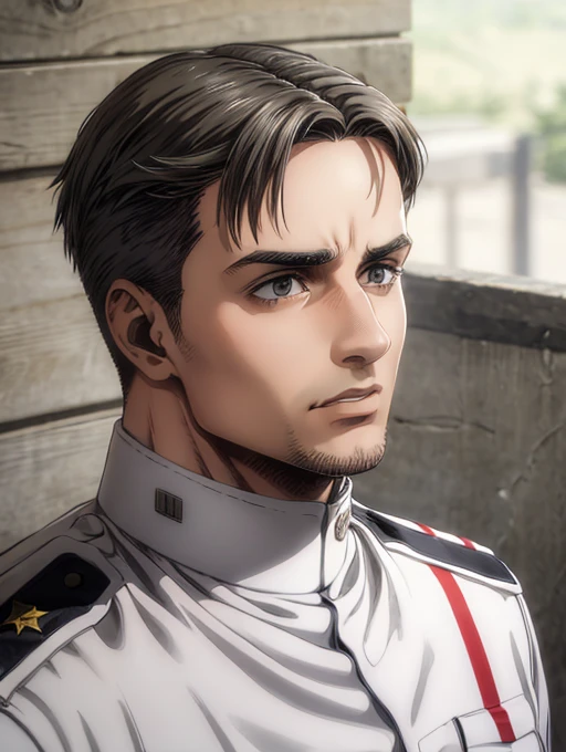 35 years old man, military hair, gray eyes, White military uniform, quartel general