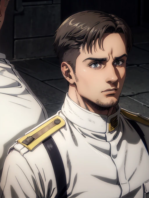 35 years old man, military hair, gray eyes, White military uniform, quartel general