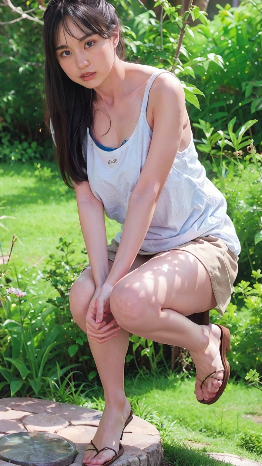Open shirt, (((Leaning forward))), ((,Round face, Around ,mini skirt、A loose-fitting tank top)), Long Hair, , Natural Makeup, Lips become thicker, Sexy Gaze, barefoot, ((Raise one leg)), Shooting from below,Gentle expression ,((Extremely precise and accurate anatomy)), (masterpiece:1.43), Perfect proportions, Realistic photos, Full Shot, whole body,
