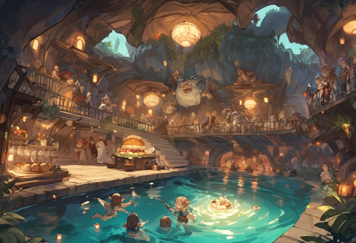 A  of adventurers enjoys a variety of food, drinks, and desserts by the pool in an underground labyrinth, and has fun swimming in the pool.  members include humans, elves, dwarfs, hobbits, beastmen, and spirits. Pools also have a restorative effect.