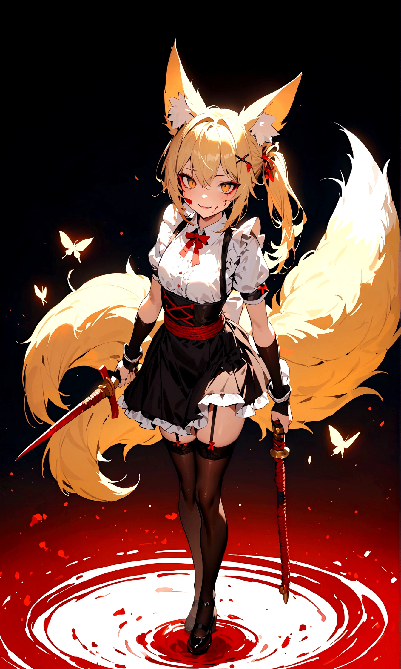 (masterpiece, best quality) junior,1girl,detailed, (beautiful,small breasts), blonde,long hair, side ponytail(tied to the left),Hairpin decoration with gold butterfly, elegant, (fox ears),nine tailed fox tail, red eyeshadow, golden eyes, femur,dark night sky,girl,yandere eyes,bloody face,피묻은 Maid복,Maid,white shirt,Black Skirt,Black stockings,Garter belt stockings,Bloody(blood on fullbody),bloody dagger,ninja rope,holding weapon,evil smile