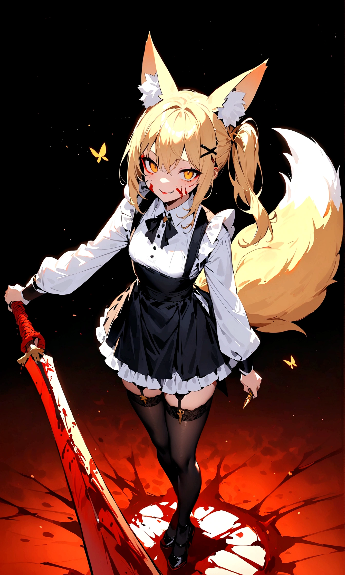 (masterpiece, best quality) junior,detailed, (beautiful,small breasts), blonde,long hair, side ponytail(tied to the left),Hairpin decoration with gold butterfly, elegant, (fox ears),nine tailed fox tail, red eyeshadow, golden eyes, femur，dark night sky,Alley background,girl,yandere eyes,bloody face,bloody clothes(white shirt),free,shaman uniform,Bloody(blood on fullbody),holding a sword hilt,bloody dagger(Japanese sword),evil smile