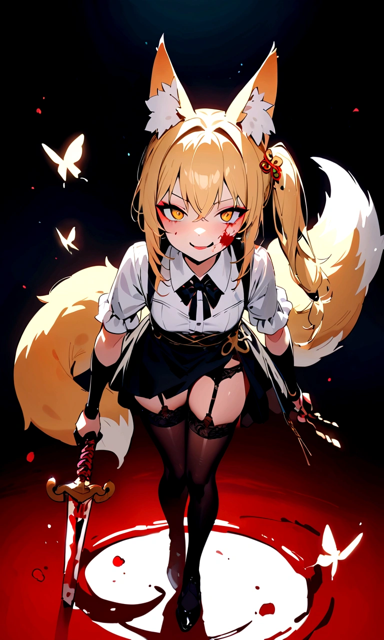 (masterpiece, best quality) junior,1girl,detailed, (beautiful,small breasts), blonde,long hair, side ponytail(tied to the left),Hairpin decoration with gold butterfly, elegant, (fox ears),nine tailed fox tail, red eyeshadow, golden eyes, femur,dark night sky,girl,yandere eyes,bloody face,피묻은 Maid복,Maid,white shirt,Black Skirt,Black stockings,Garter belt stockings,Bloody(blood on fullbody),bloody knife,ninja rope,holding weapon,evil smile