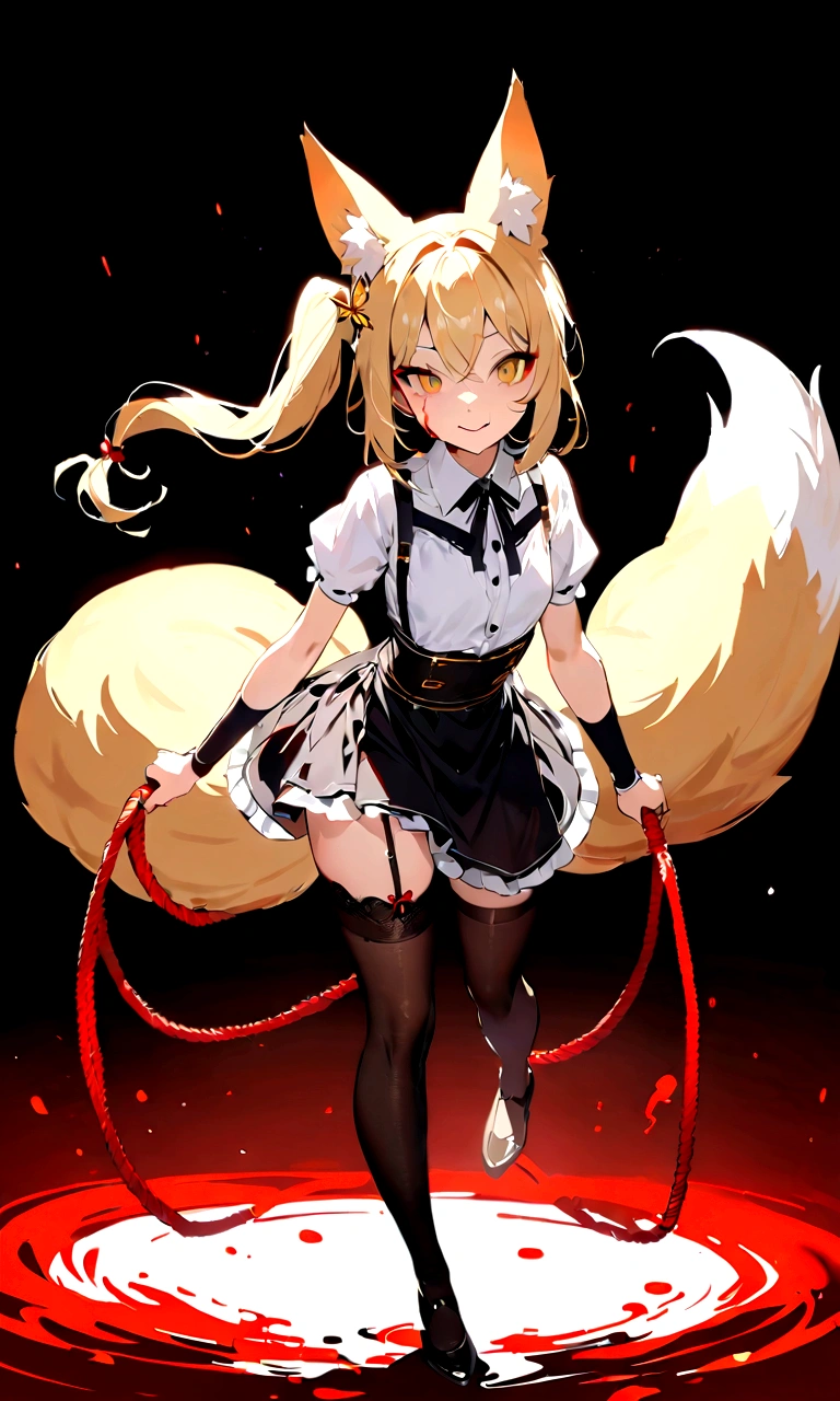 (masterpiece, best quality) junior,1girl,detailed, (beautiful,small breasts), blonde,long hair, side ponytail(tied to the left),Hairpin decoration with gold butterfly, elegant, (fox ears),nine tailed fox tail, red eyeshadow, golden eyes, femur,dark night sky,girl,yandere eyes,bloody face,피묻은 Maid복,Maid,white shirt,Black Skirt,Black stockings,Garter belt stockings,Bloody(blood on fullbody),bloody dagger,ninja rope,holding weapon,evil smile