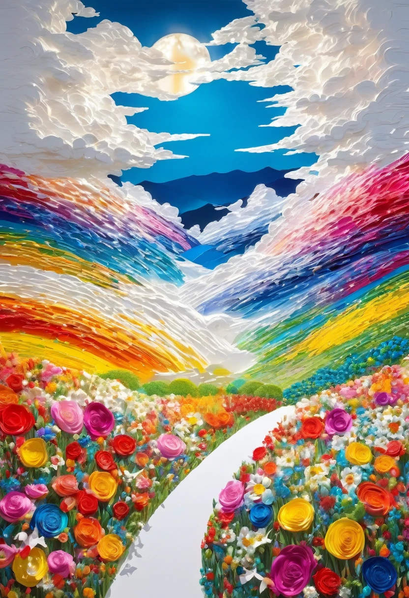 art in art, conceptual installation pop art, best quality, super fine, 16k, 2.5D, delicate and dynamic depiction, when I cut the white image with scissors, beautiful heavenly landscape unfolds before me, overflowing with beautiful colors, air and light