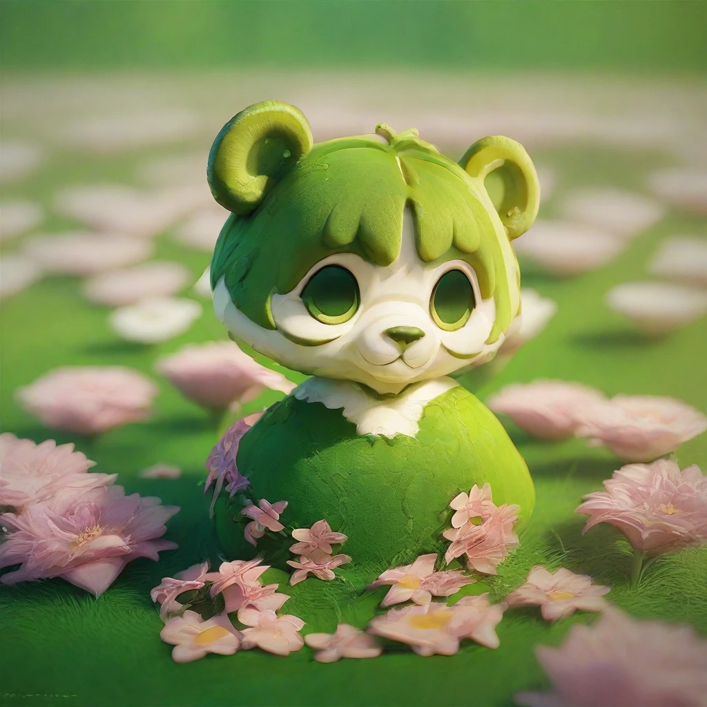 (chibi),((best quality)),((masterpiece)),(detailed),(full body:1.1),1panda in yellow,chibi,Cute,3D,studio lighting,minimal,Depth of field,dribbble,Behance,There are flowers on the green grass,scenery,