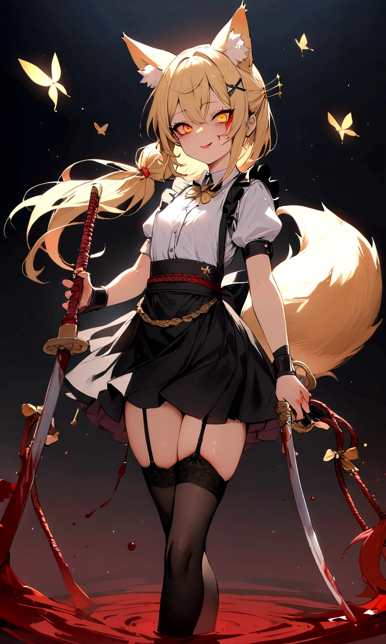 (masterpiece, best quality) junior,1girl,detailed, (beautiful,small breasts), blonde,long hair, side ponytail(tied to the left),Hairpin decoration with gold butterfly, elegant, (fox ears),nine tailed fox tail, red eyeshadow, golden eyes, femur,dark night sky,girl,yandere eyes,bloody face,bloody kimono(White Top),Red skirt,Maiden,Bloody(blood on fullbody),bloody dagger,ninja rope,holding the hilt of a sword,evil smile