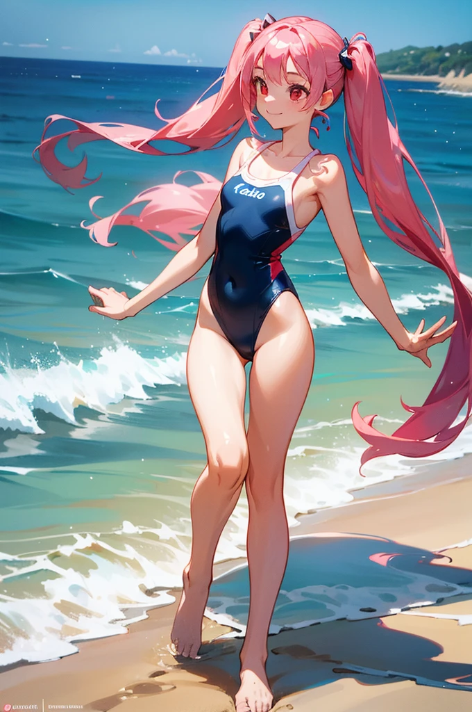 1girl, beautiful girl, cute girl and idol face, young face, smile, Beautiful long pink hair, twintails, Beautiful shining red eyes, white skin, slender, Short body, navy blue One-piece swimsuit, show full body, Summer Sea, Seaside, bathing beach, Girl playing with waves on the beach, Dynamic girl