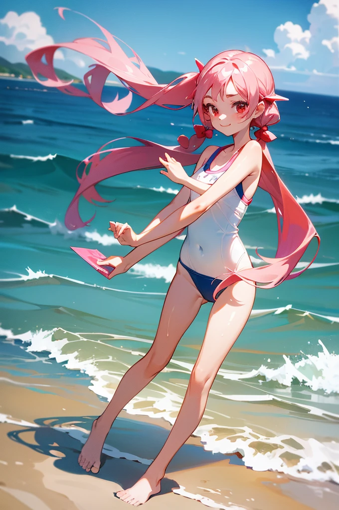 1girl, beautiful girl, cute girl and idol face, young face, smile, Beautiful long pink hair, twintails, Beautiful shining red eyes, white skin, slender, Short body, navy blue One-piece swimsuit, show full body, Summer Sea, Seaside, bathing beach, Girl playing with waves on the beach, Dynamic girl
