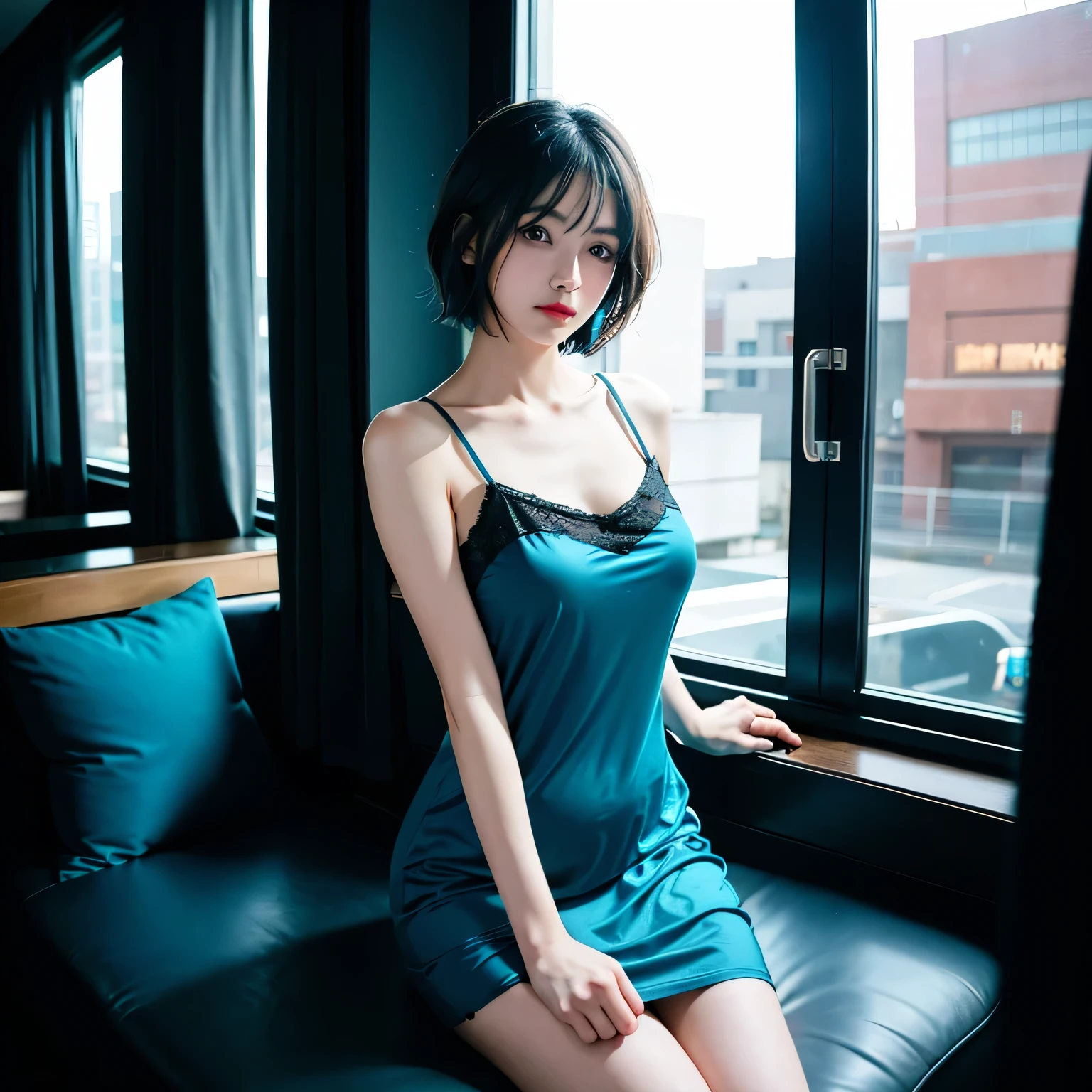 High quality, 16k, 8k, HD, best quality, black and cyan hair color, short hair, perfect face, beautiful, without makeup, restless face, looking out the window, nighttime, midnight, quiet, cyberpunk, nightgown, midnight, feeling uncomfortable, oppai, faceless 