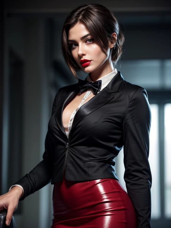 (absurdres, highres, ultra detailed), masterpiece, arafed woman as ada wong (resident evil), ((solo)), long hair, 1girl, skirt suit, tuxedo, black jacket, waistcoat, black bowtie, bodycon skirt, black clothing, miniskirt, closed mouth, standing, (((detailed lips))), ((realistic skin)), glowing skin, ((glossy red lips)), portrait, beautiful, normal skin, (brown eyes:1.13)