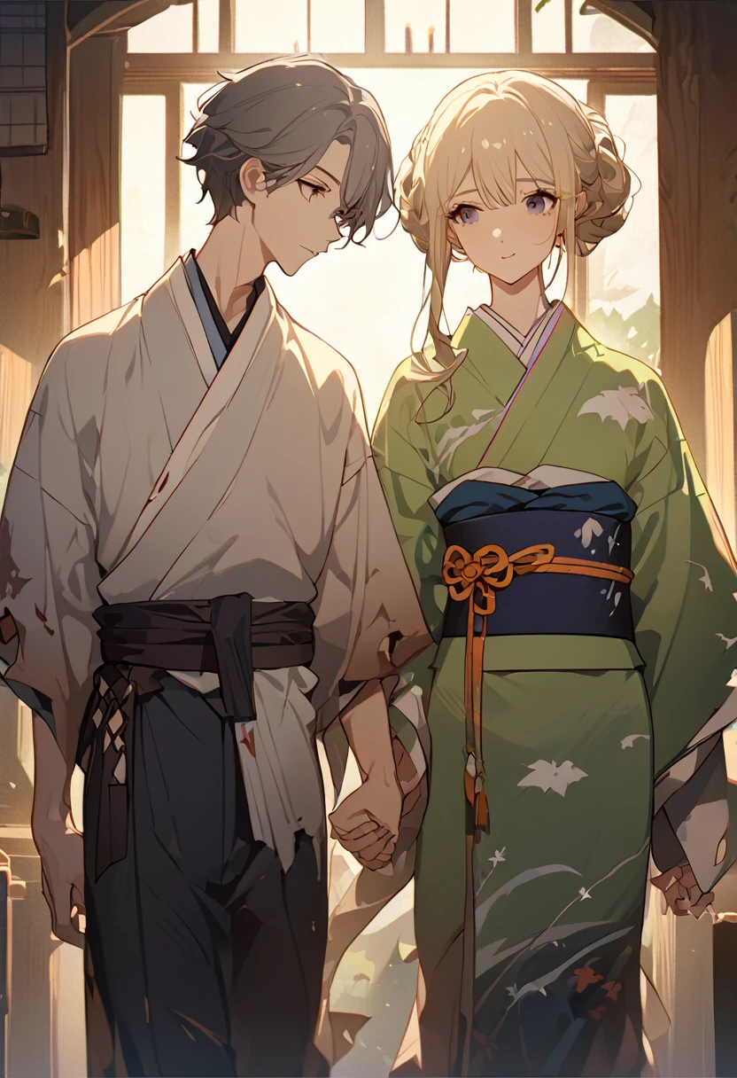 masterpiece, best quality, 8k ,4k, 2 boys, elf boys, long ears elf, twin elf, (one boy dark grayish hair with dark greenish eyes, torn and worn out clothes, kimono like clothes, thin body), (one boy light blond hair with dark bluish eyes, clean and neat clothes, kimono like clothes), stand side by side, holding hand, inspired by Asukaziye artist : ask, art style : ask