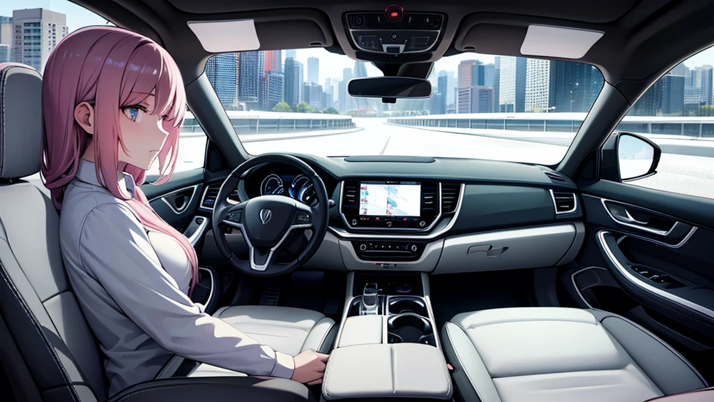 Create an image from the angle inside a car, showing a woman with a thoughtful expression on her face as she gazes out of the side window at the cityscape. The city outside should be visible, illuminated by streetlights and neon signs. Use soft, pastel colors and subtle gradients to capture a dreamy, reflective atmosphere. Ensure the interior of the car feels cozy and comfortable, adding to the overall serene vibe.