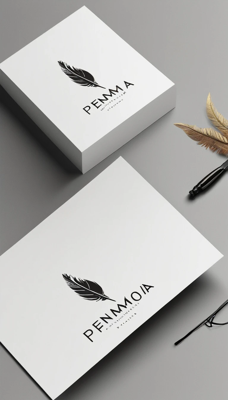 A minimal, modern, simple, cinematic logo design for the brand “Penamemoria". Create a modern, minimalistic, high-quality, logo of a feather-bird