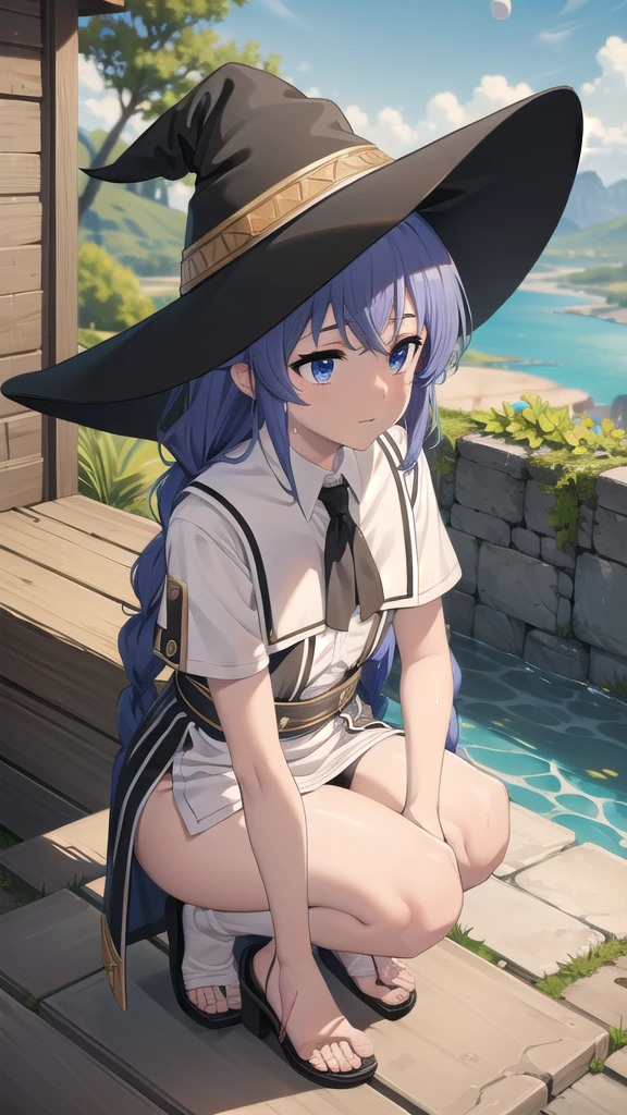 BREAK (masterpiece:1.2), best quality, high resolution, unity 8k wallpaper, (illustration:0.8), (beautiful detailed eyes:1.6), extremely detailed face, perfect lighting, extremely detailed CG, (perfect hands, perfect anatomy),castle,towers,night,stars,moon,starfalls,twin braids, long hair, blue hair, blue eyes
white dress, wet dress,nipples,nipples see through,no bra,witch hat, black hat,white panties, wet panties, camel toe, shy face,cleavege,neckline,sleeveless, from above,bend over,