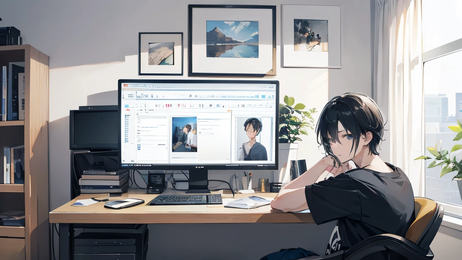 Create an emotional and evocative illustration of a video editing task. The setting is at home, featuring a Japanese male with a well-groomed appearance. He is wearing a loose T-shirt and jeans, seated at a desk with two monitors, a keyboard, and a mouse. He is holding a hot coffee in one hand while looking at the monitors and wearing headphones. One monitor displays a video editing interface, while the other shows numerous folders. The room is bright, modern, and stylish with a white theme. There is a simple framed poster on the wall.