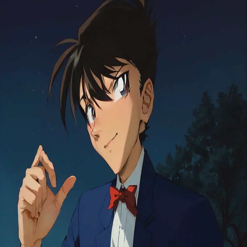 Anime characters with bow ties and suits., Kudo Shinichi, blue suit jacket, White undershirt, Red bow, Black hair, Kudo Shinichi hair style