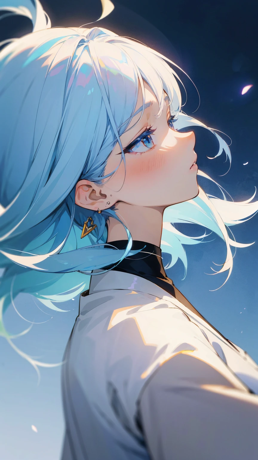 Blue Hair、Anime girl with earrings looking up at the sky, Anime Girl Profile, Beautiful anime portrait, White hair girl, Beautiful anime style, anime girl portrait profile, high quality Anime art style, beautiful Anime art style, Stunning anime face portraits, Beautiful anime face, Anime art style, White-haired lady, Anime art style, Aesthetic award-winning anime
