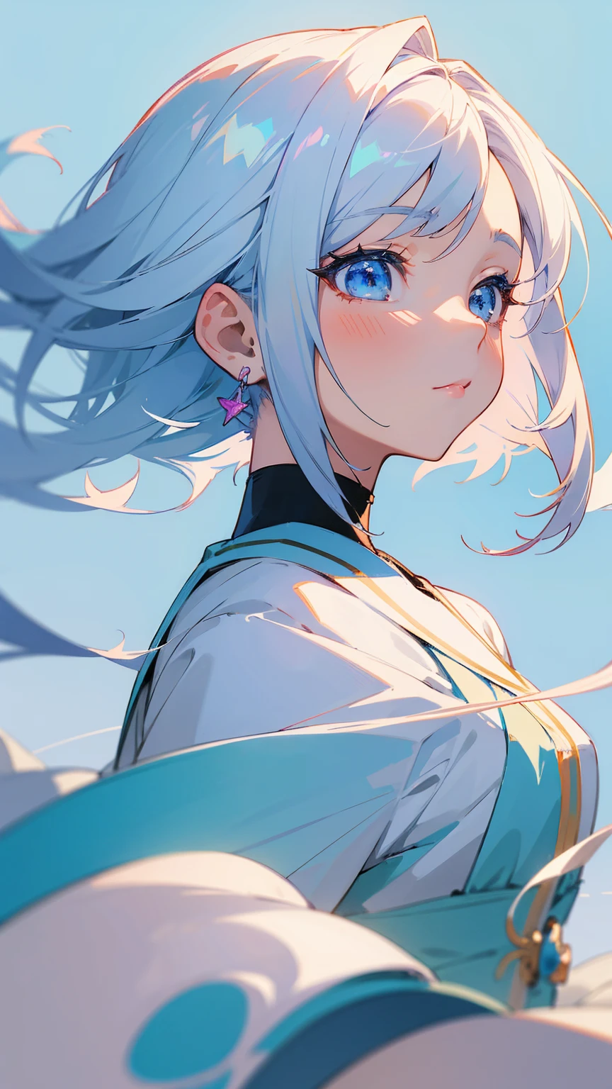 Blue Hair、Anime girl with earrings looking up at the sky, Anime Girl Profile, Beautiful anime portrait, White hair girl, Beautiful anime style, anime girl portrait profile, high quality Anime art style, beautiful Anime art style, Stunning anime face portraits, Beautiful anime face, Anime art style, White-haired lady, Anime art style, Aesthetic award-winning anime