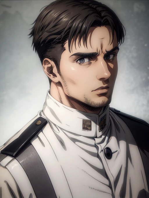 35 years old man, military hair, gray eyes, White military uniform, quartel general