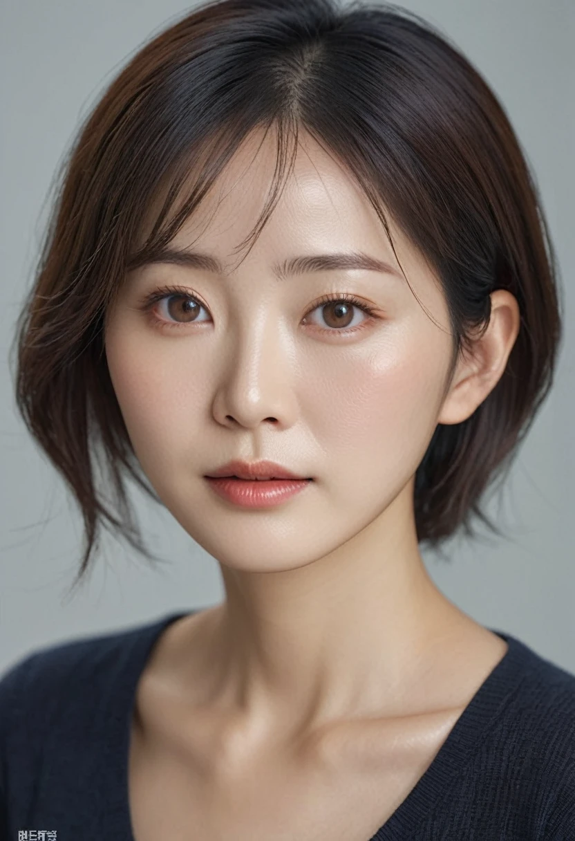 (Portrait: 1.3), (photo realistic:1.4), Sharp Focus, looking at viewer, (smoother lighting:1.1), (increase cinematic lighting quality:0.9), realistic lighting, light on face, ray trace, (brightening light:1.2), (Increase quality:1.4), sharp detail, (best quality real texture skin:1.4), finely detailed eyes, black_eyes, finely detailed face, 42 year old Korean woman, (hyper realistic:1.4), backlighting, high Quality, 8k, Masterpiece
