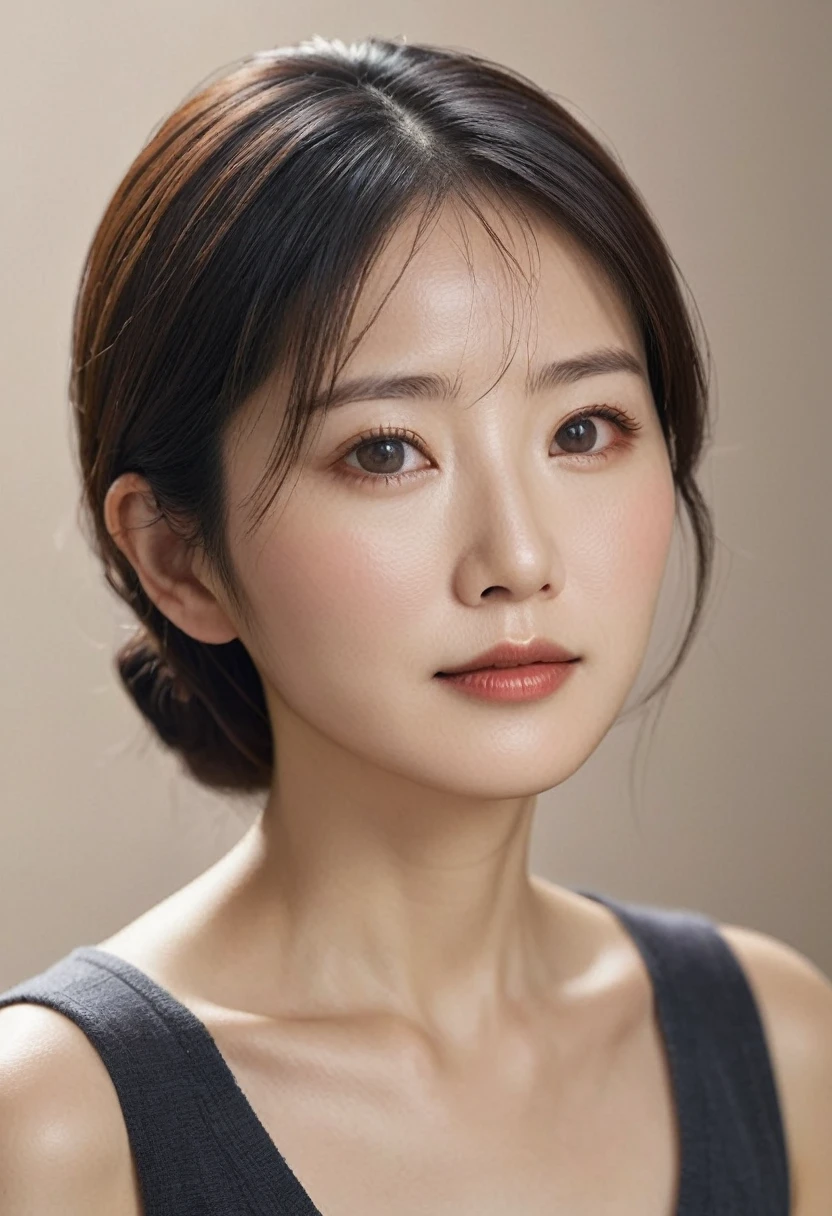(Portrait: 1.3), (photo realistic:1.4), Sharp Focus, looking at viewer, (smoother lighting:1.1), (increase cinematic lighting quality:0.9), realistic lighting, light on face, ray trace, (brightening light:1.2), (Increase quality:1.4), sharp detail, (best quality real texture skin:1.4), finely detailed eyes, black_eyes, finely detailed face, 42 year old Korean woman, (hyper realistic:1.4), backlighting, high Quality, 8k, Masterpiece
