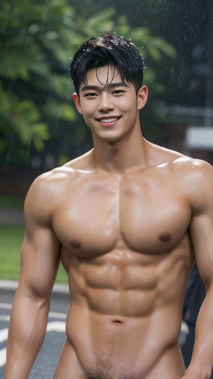 A handsome naked men ,20 age , Short Hair Hair, korea , Student，full naked,  front-view, smile ,Pectoral muscles, Wide shoulders ,athlete , Upper body (1.3),  It's raining: 1.3, road: 1.2, body dripping wet: 1.1, his penis, manly penis, big ass