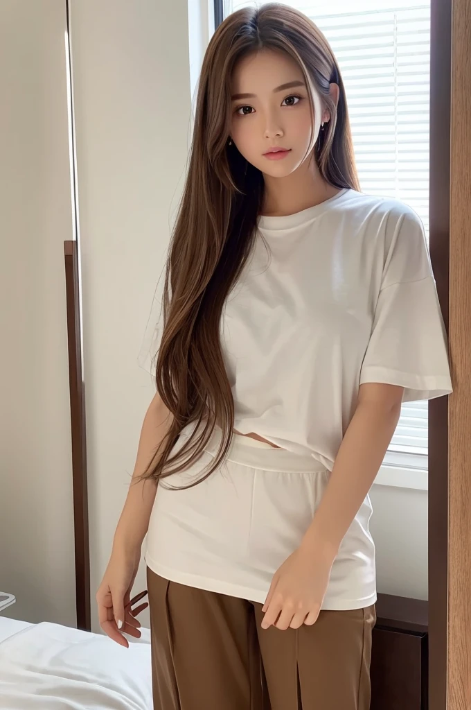 1woman, idol, long hair, brown hair, bedroom 、white T-shirt、shirt lift 、You can see the pants from the miniskirt