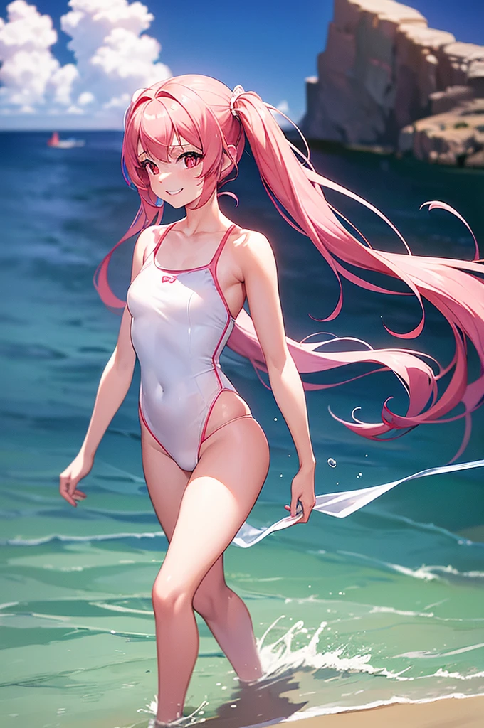 1girl, beautiful girl, cute girl and idol face, young face, smile, Beautiful long pink hair, twintails, Beautiful shining red eyes, white skin, slender, Short body, navy blue One-piece swimsuit, show full body, Summer Sea, Seaside, bathing beach, Girl playing with waves on the beach, Dynamic girl