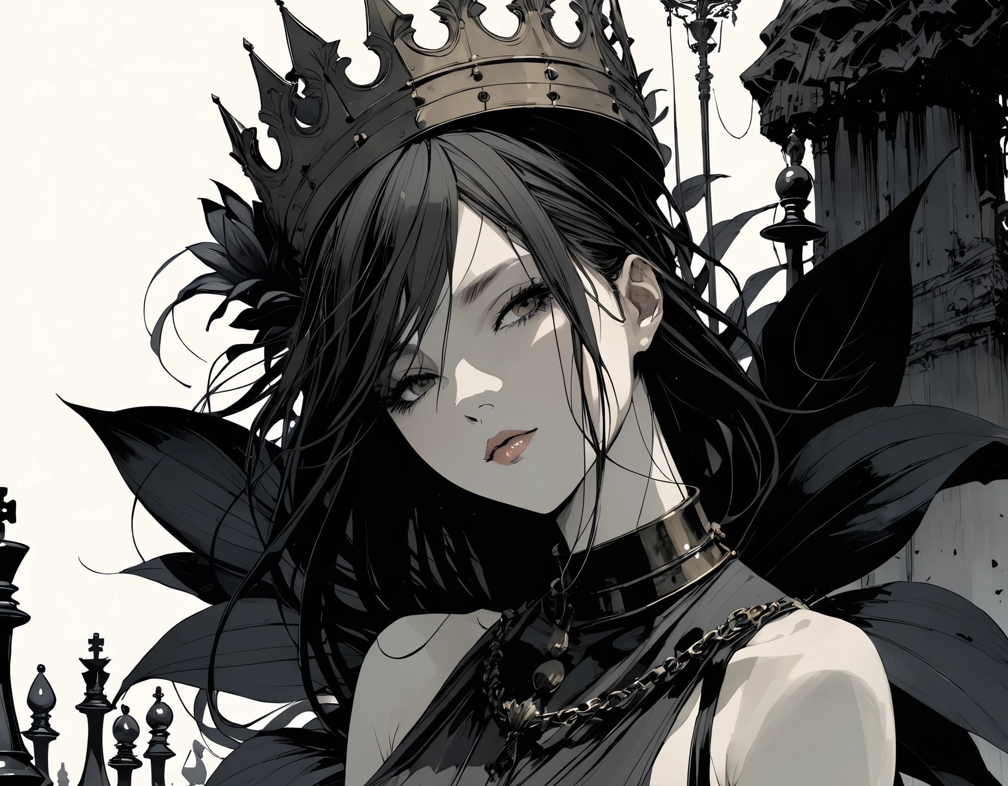 in style of Santiago Caruso, in style of Ashley Wood, Giant black lily,Central Composition,Close-up, queen \(chess\),graphic novels illustration