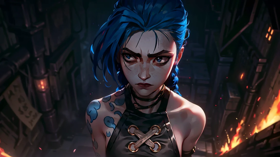 (masterpiece, Best quality), 1 girl, portrait very detailed face,, very sexy, crazy look, smile, crying, pink tears, tears on the cheeks, tears from eyes, full length (full body 1.1.), очень feminine, fighting stance, battle, fire, explosions, burning city, Beautiful waist, gloomy composition, flame, fire, Flash, very beautiful, feminine, long hair, hair braided in long braids, very sexy, tight leather pants, emphasis on the eyes, emphasis on the face, Beautiful face, Hands, Hair, Haired ponytail, red purple eyes, Джинкс crying, Blue cloud tattoo, (masterpiece, Best quality), Side lighting, beautiful detailed eyes, crazy face), (Best quality), (masterpiece), magic photography, Spectacular lighting, Photorealism, ultra detailed, intimate portrait composition, 1. 4,8 k UHD, aesthetic, Cd., A high resolution, 8 k, better lighting, Best shade, Ultra-HD, A high resolution, sharp focus, Complex background, Cinematic lighting, ((Landscape view)), 4K block, (better lighting), ((Cinematic lighting)),