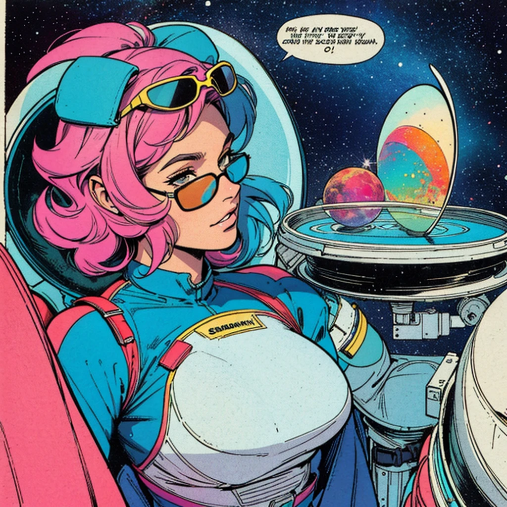 ultimate best quality,beautiful woman,speech bubble,big brest,galaxy,60s,70s,80s,colorful,cosmo,space,sunglass