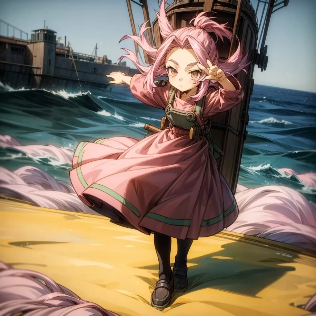 1childern girl, Full body version, 1character, children version, gold eyes color, long haircut, pink colour hair, Farmer villager style clothing, Grassroots, background in ship sea, motion blur, (Hunter x Hunter style), standing gesture in ship sea